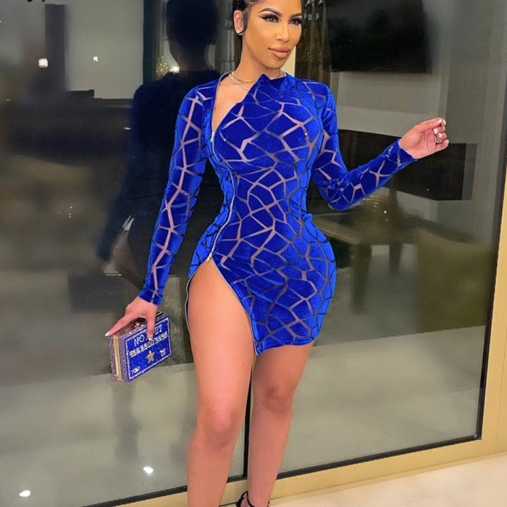 Ingvn Beyprern New Chic Zipped Mini Dress(Royal Blue) Womens Long Sleeve Side Sl